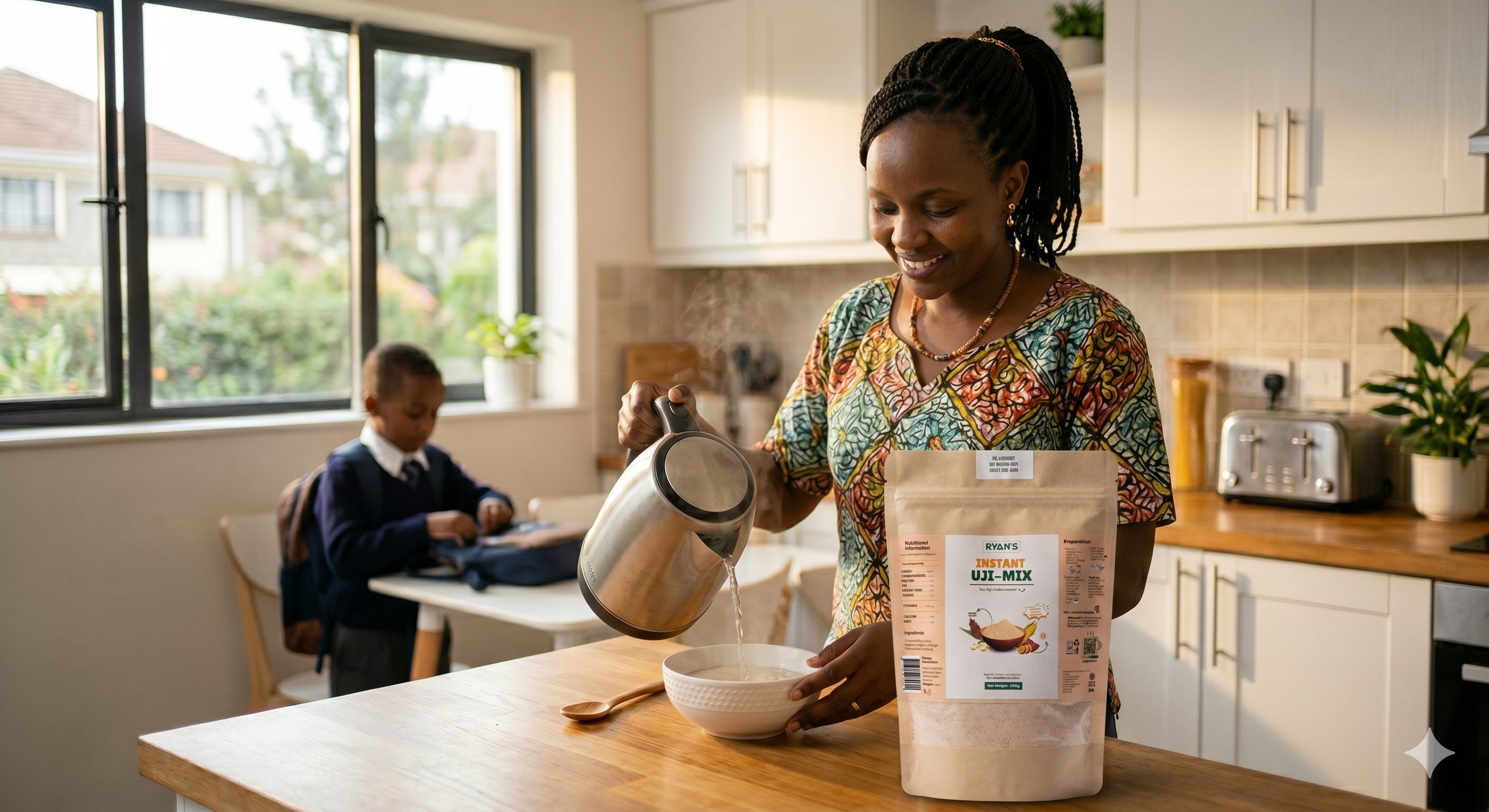 Mother preparing Ryan's Instant Uji Mix for her family in a Kenyan kitchen